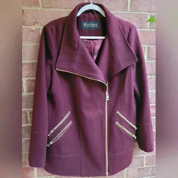 Guess Jackets & Blazers - Guess XL Maroon Wool Blend Moto Asymetrical Zipper Jacket Winter Cozy  Corpcore
